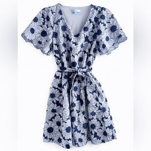 Draper James Floral Daisy Cotton Dress – Blue & White Tie Waist Mini
